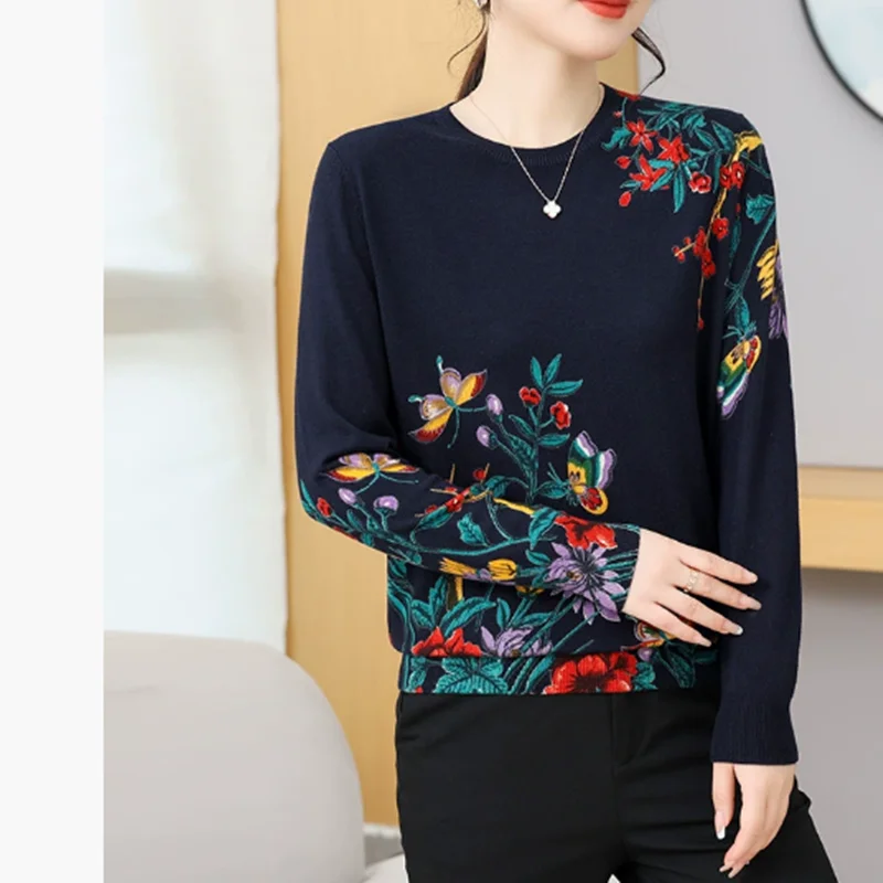 Suéteres e suéteres femininos, gola redonda, manga comprida, pulôver quente, outono inverno, nova moda, estampa de flores, suéter estampado