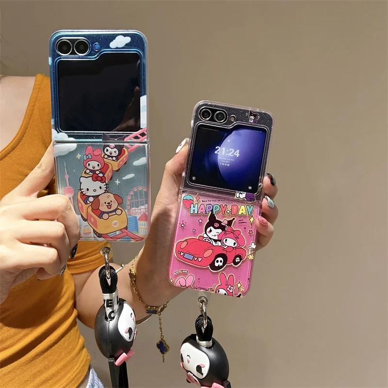 

Funny Cute Car Hellokitty Phone Case For Samsung Galaxy Z Flip 7 6 5 ZFlip6 ZFlip6 ZFlip7 Cover with Lanyard Cases Funda