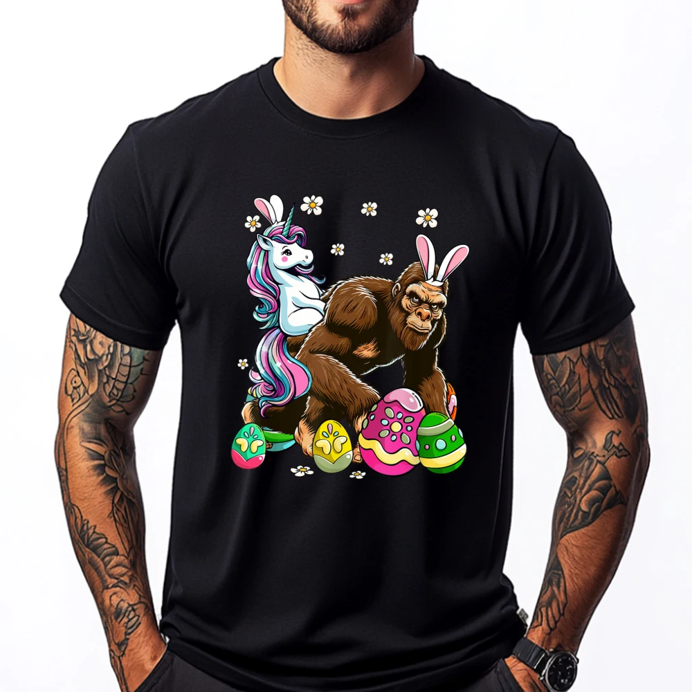 

Bunny Unicorn Riding Bigfoot Flowers Easter Day Hunting Eggs Blue And White Graphic T Shirts Man Clothes Oversized Game