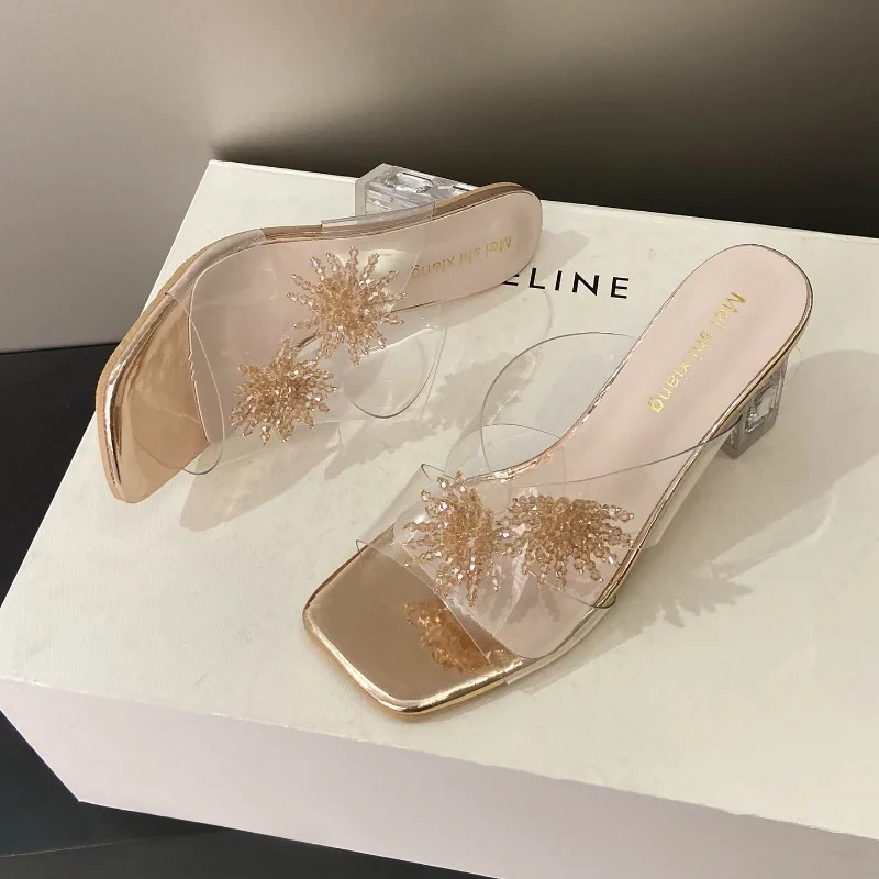 New Women High Heels Water Diamond Flower Sandals with Transparent Thick Bottom Women Shoes Party Dress PVC Slippers Mules Shoes - view 2