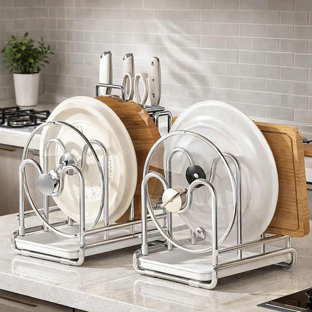 

Многоуровневая подставка для крышек и разделочных досок из нержавеющей стали с дренажным поддоном, устойчивый органайзер для кухонных принадлежностей