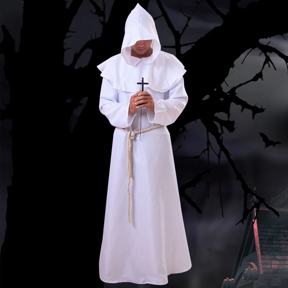 Medieval Priest Monk Robe Hooded Halloween Cosplay Costume Cloak for Wizard Sorcerer - Size XL (White)