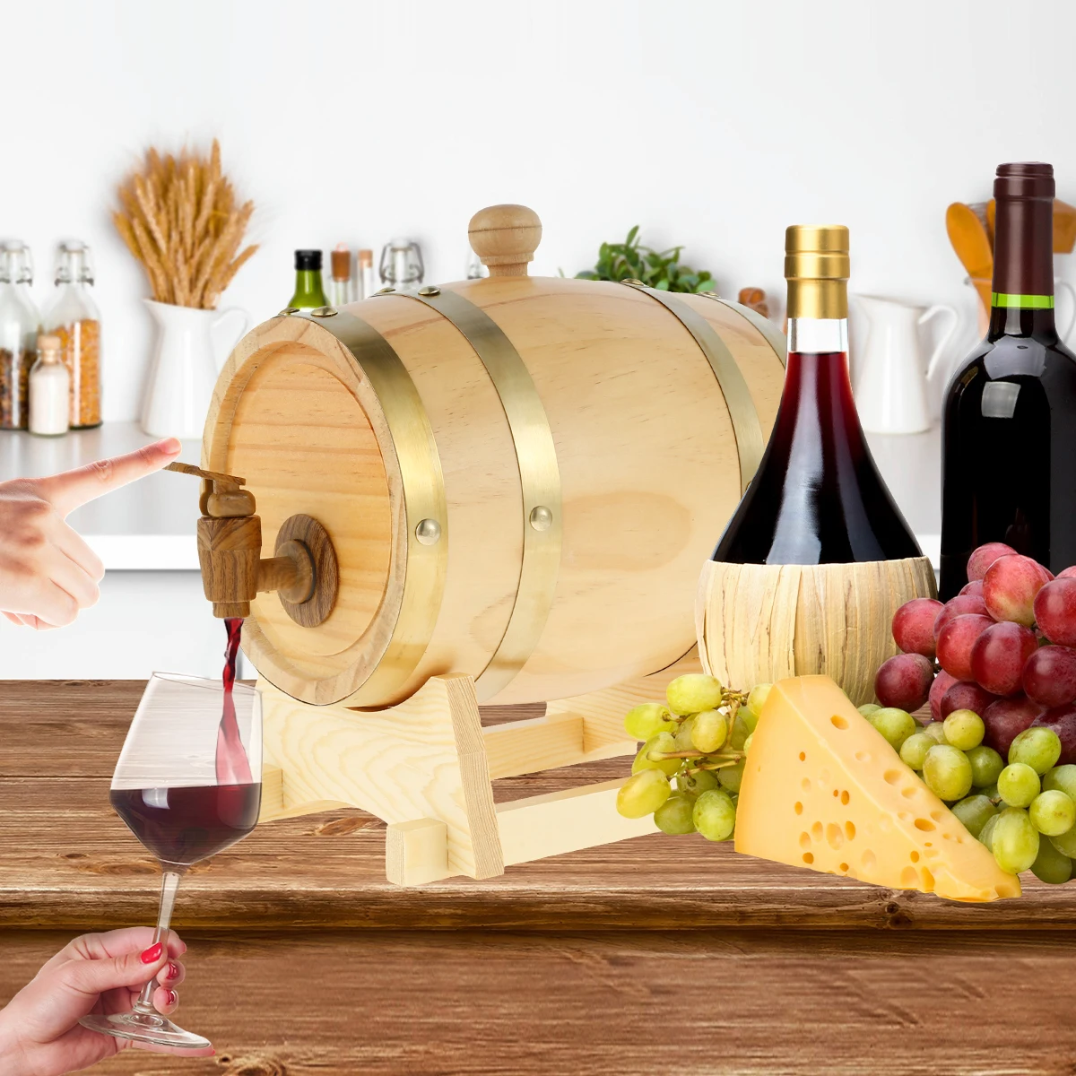 Wooden Wine Barrel 1.5L Pine Wood Beer Barrel Sealing Whiskey Barrel Dispenser Premium Brandy Bucket Wine Storage Barrel w/ Tap