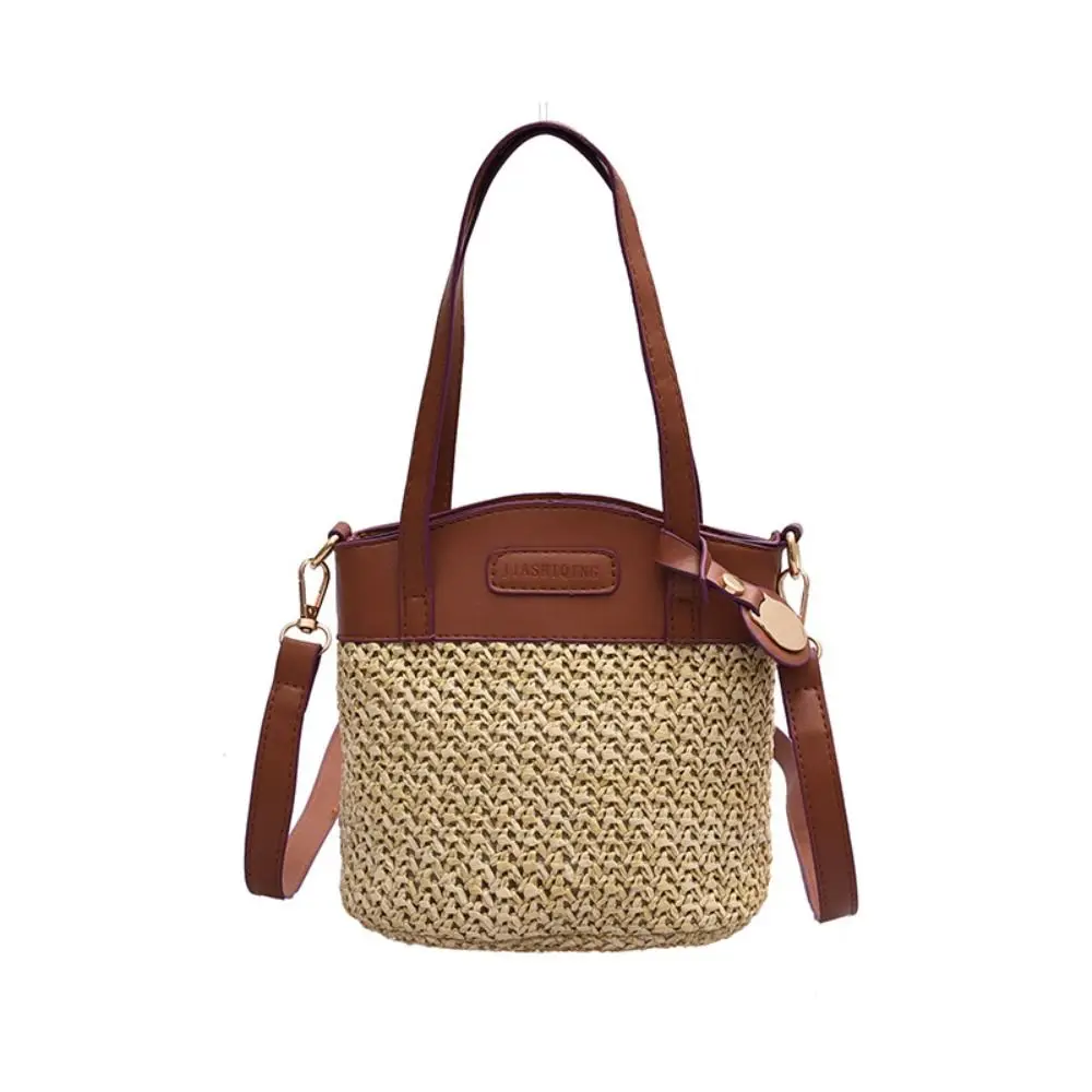 Faashion Straw Beach Bag Vintage Handmade Ladies Shoulder Bags Designer Strap Handbag Pu Patchwork Messenger Crossbody Bag