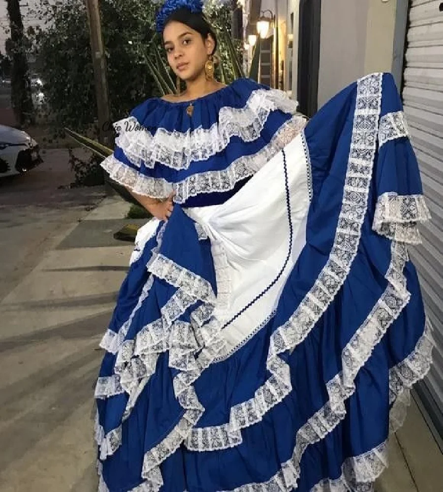Vestido de fiesta folclórico mexicano Jalisco 2025 azul con vestido de noche bohemio étnico blanco Maxi ocasión Formal cumpleaños personalizado