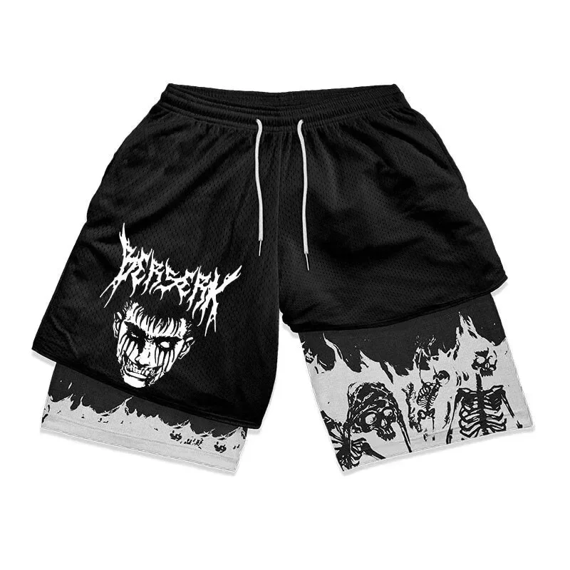 Berserk Anime Performance Short pour homme, Guts Print, dehors Running, Gym Shorts, Training, Summer Workout Sportwear, Y2K Shorts, 2 en 1