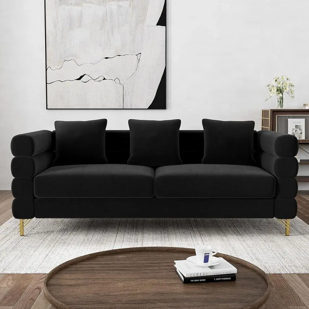 

79 Deep Seat Velvet 3-Seater Sofa with 3 Pillows, Oversized Loveseat for Living Room or Bedroom, Jet Black Velvet