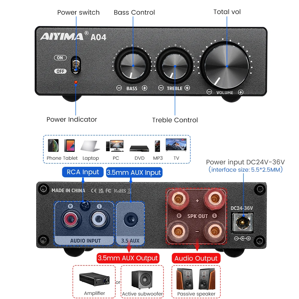 AIYIMA Audio Update A04 TPA3251 Stereo Amplifier 175W Mini Hifi Audio Class Sound Power AMP Treble Bass for Speaker Home Theater