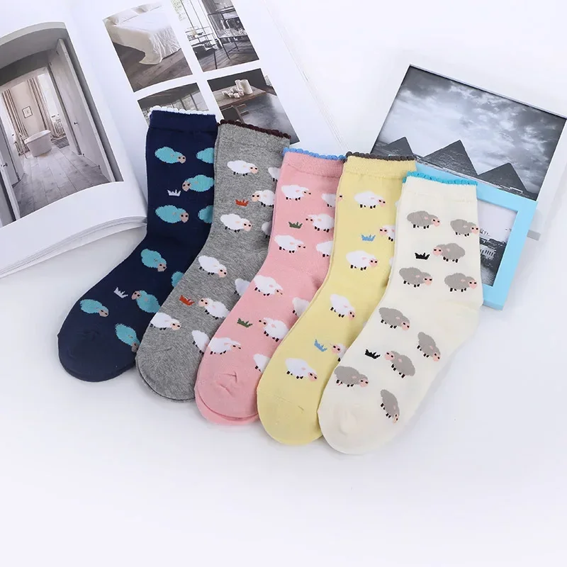 Autumn and Winter Cotton Socks Women's Medium Length Socks, Lace Cartoon Female's Socks, Cute Sheep Socks,