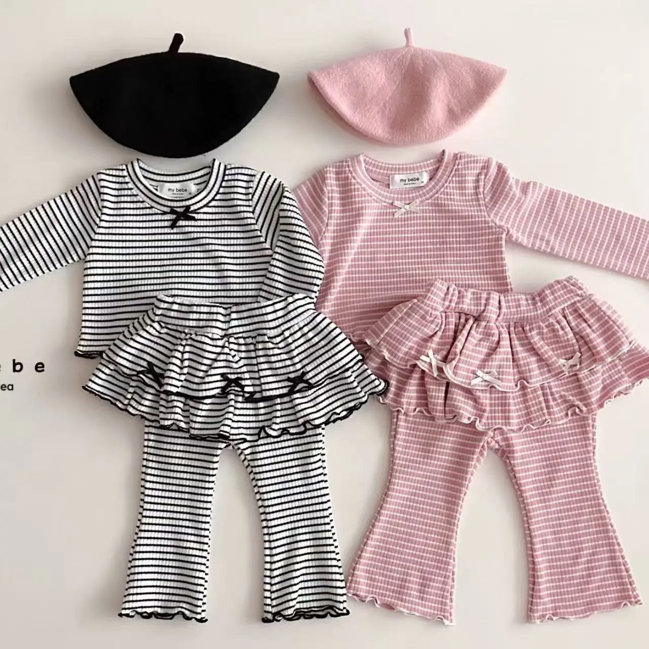 

2025 Autumn New Baby Girl Striped Clothes Clothes Kids Girls Long Sleeve Bow Tops + Pants 2pcs Suit Toddler Girl Cotton Outfits