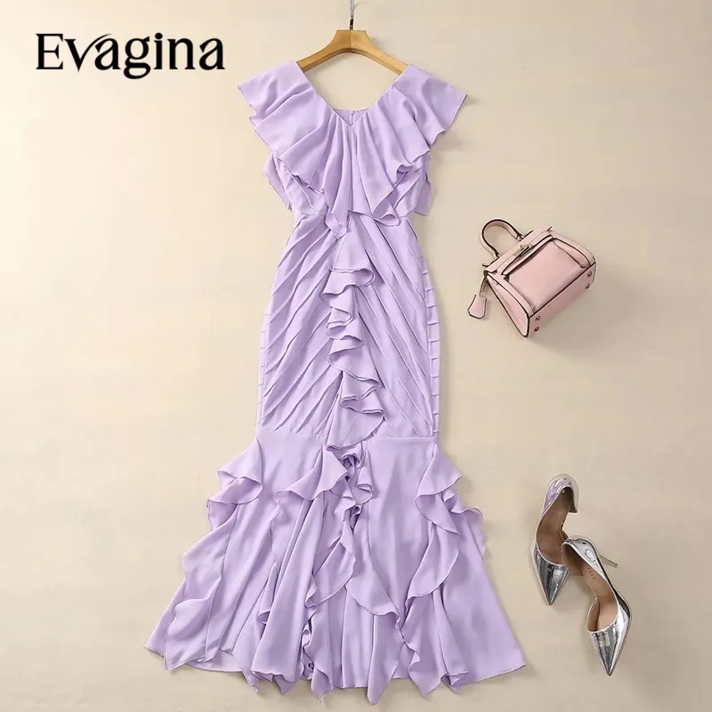 

Evagina New Fashion Runway Designer Women's V-Neck Sleeveless Ruffled Party Style Fishtail Temperament Dress