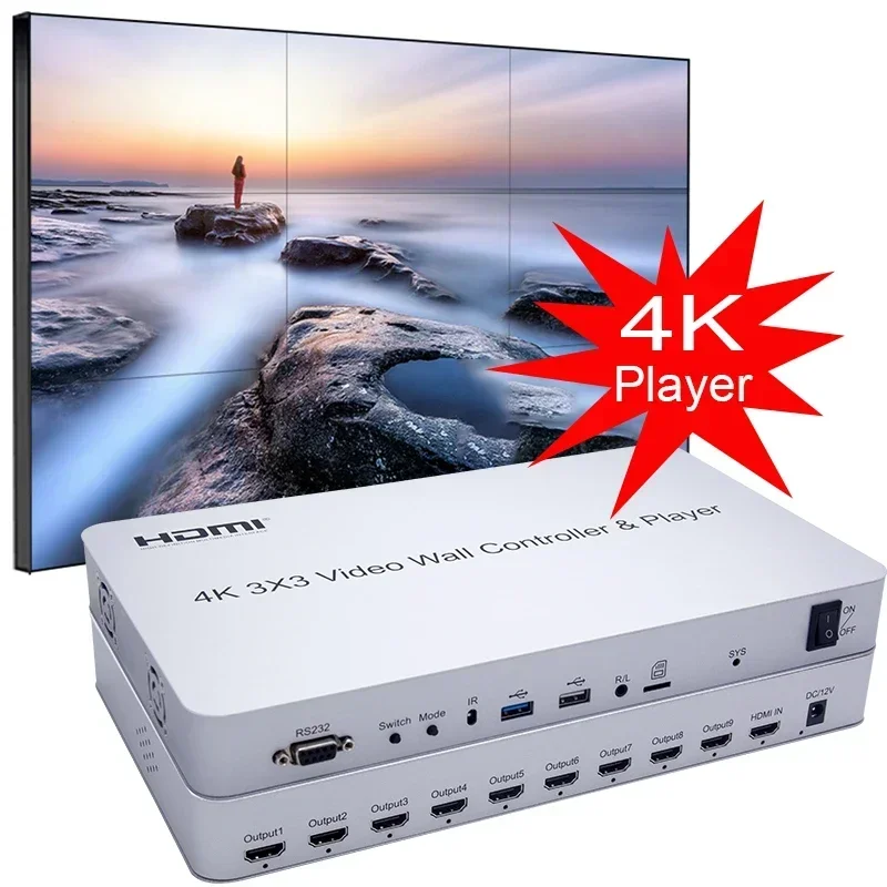 Controlador de parede de vídeo 4k 3x3, reprodutor de disco u, processador de emenda de tela múltipla 4k 2x2 2x3 2x4 1x3 1x4, emenda de parede de tv, emenda de vídeo