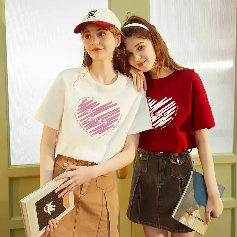 Loose Women's Short Sleeve T-Shirt Chic Design Summer Spring New Style Half Sleeve Top Creative Print Cotton round Neck mid L...