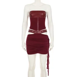 OMSJ Women's Leather Patchwork Matching 2Pcs Set Vintage Court Style Strapless Cross Lace Up Corset Vest+Belt Hollow Folds Skirt