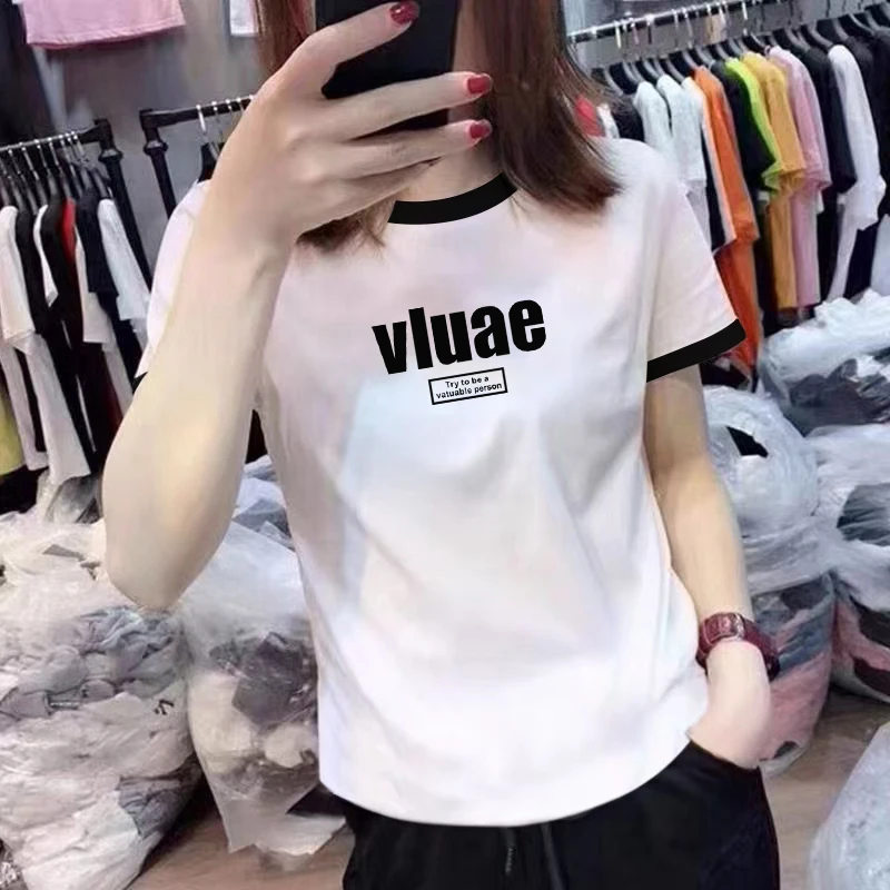 Sommer Neue Sle frauen Baumwolle T-shirt Pendeln Casual Lose ort Sve runde Ne Farbe Blo Print Top Vielseitig Arc Saum