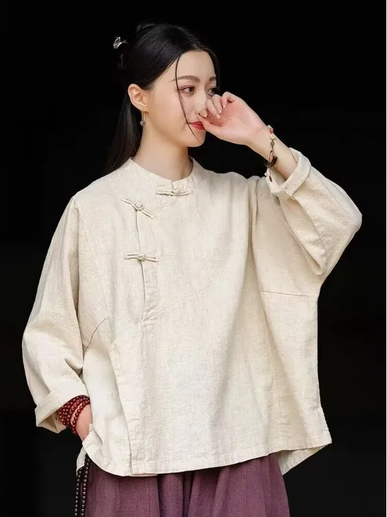 ربيع 2026 فضفاضة تناسب القطن الكتان المرأة irt طويلة Sve الوقوف طوق الصينية التقليدية زن Sle حفل الشاي الملابس