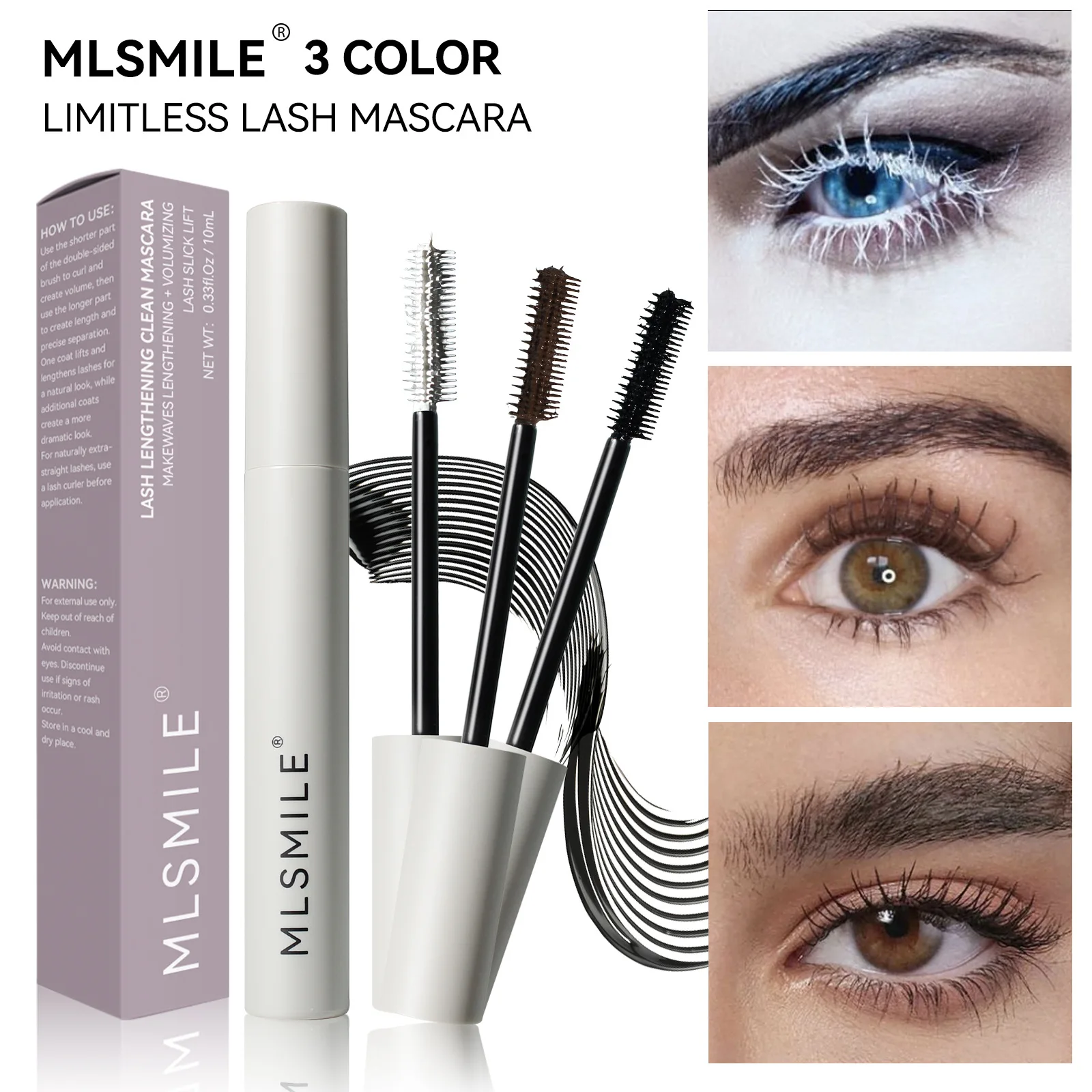 

MLSMILE New 3 Color Mascara Natural Lasting Lengthening Dense Curly Slender Eyelash Waterproof Professional Fashion Mascara 10ml