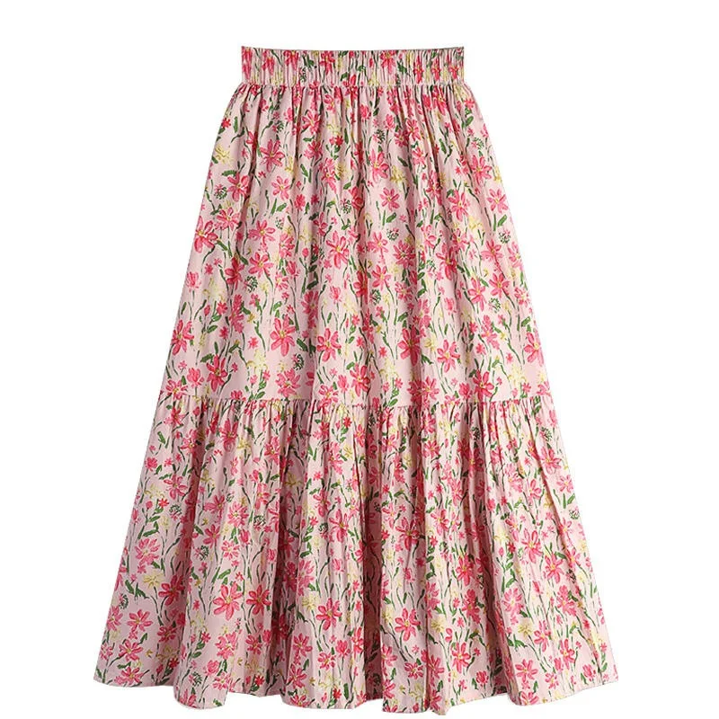 Women Vintage Floral Print Pleated Streetwear Midi Skirts Female Summer Trendy Elastic High Waist Sweet Chic A-line Skirt Faldas