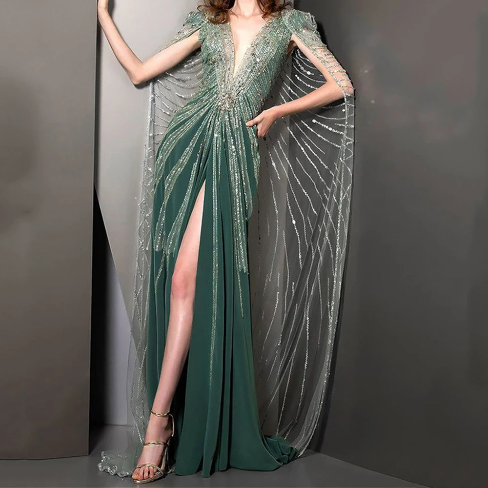 

Gorgeous Green Women Prom Dresses V-Neck Floor Length Side Split Shiny Sequined Designer Female Evening Party Banquet Gowns