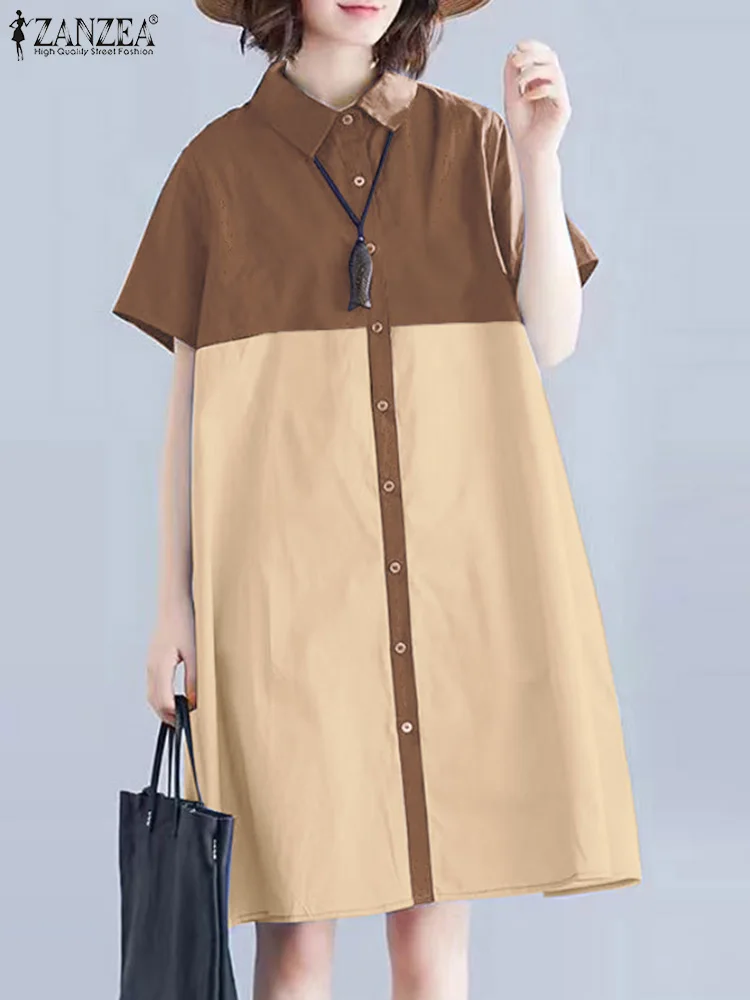 

ZANZEA Women Bohemian Lapel Robes Long Shirt Dress 2024 Summer Short Sleeve Knee-Length Sundress Casual Loose Colorblock Vestido