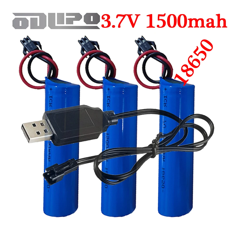 18650 Rechargeable Battery 3.7V 1500mAh with SM Plug 18650 Lithium Battery USB Cable for Car vacuum cleaner Router Record player