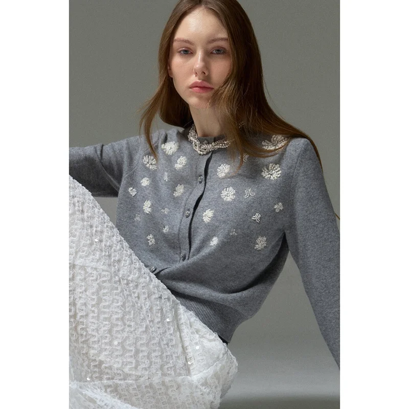 

iny Sequin Elastic round Ne Knitted Top Commute Versatile Cardigan Korean Sle Long Sve Regular Length Open Front