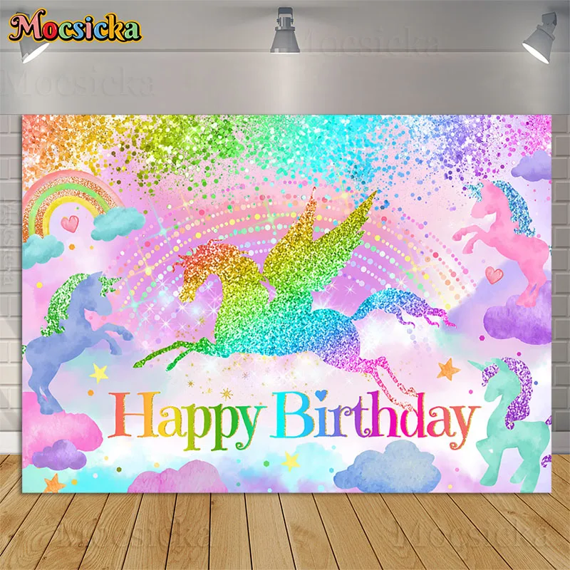 Mocsicka Rainbow Unicorn Happy Birthday Photo Background Dreamy Shiny Star Backdrop Girl Baby Shower Party Cake Table Decor Prop