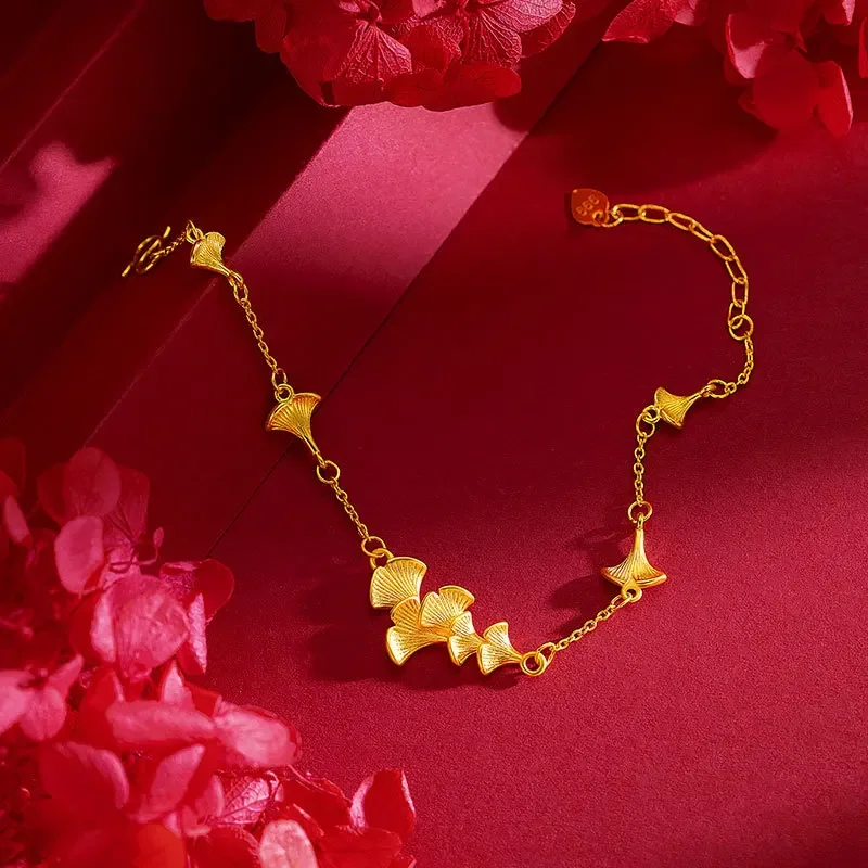 9999 real gold 24K yellow gold Ginkgo Leaf Bracelet New Light Luxury New Year's gift