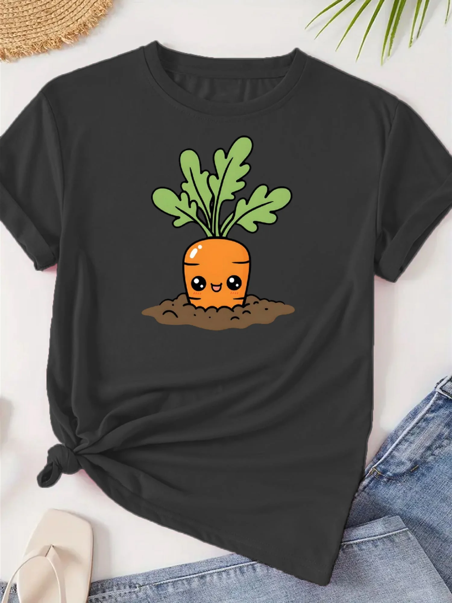 Women's Casual Summer T-shirt Playful Carrot Pattern Casual Wear Summer Wear Fashion Graphic T Shirts Personality Aesthetic Y2K