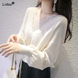 2023 New Spring and Autumn Elegant and Gentle Style Lace V-neck Lantern Sleeves Loose and Versatile Solid Color Pullover Sweater