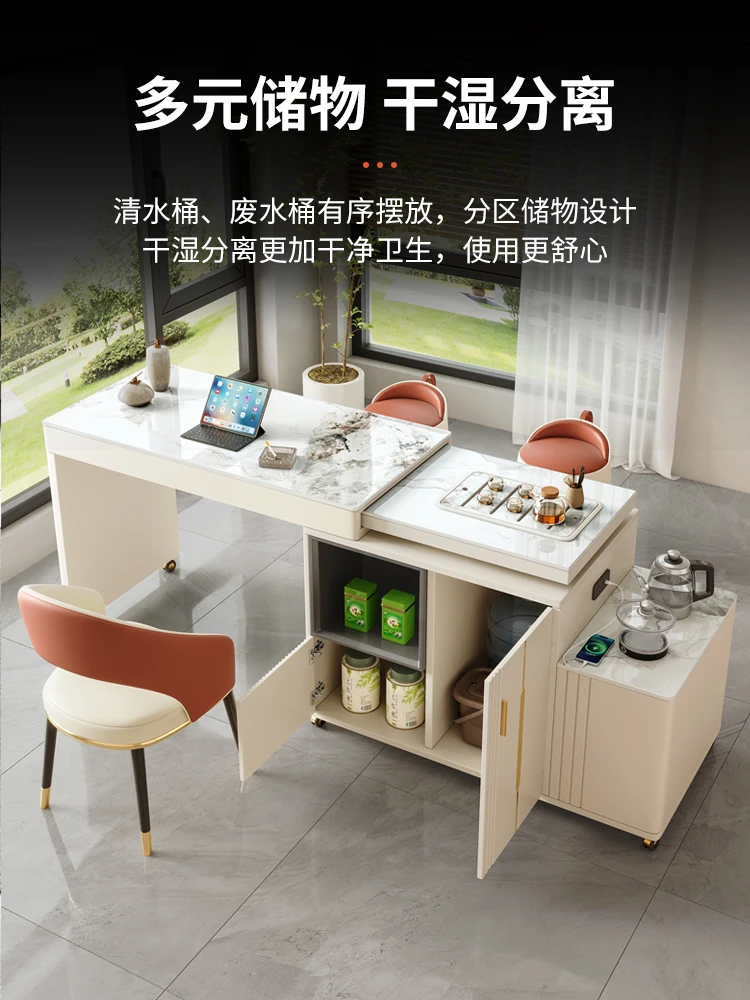 

Retractable Balcony Table-Chair Set Stone Plate Modern Small Apartment Mobile Tea Cart Making Tea and Boiling Water