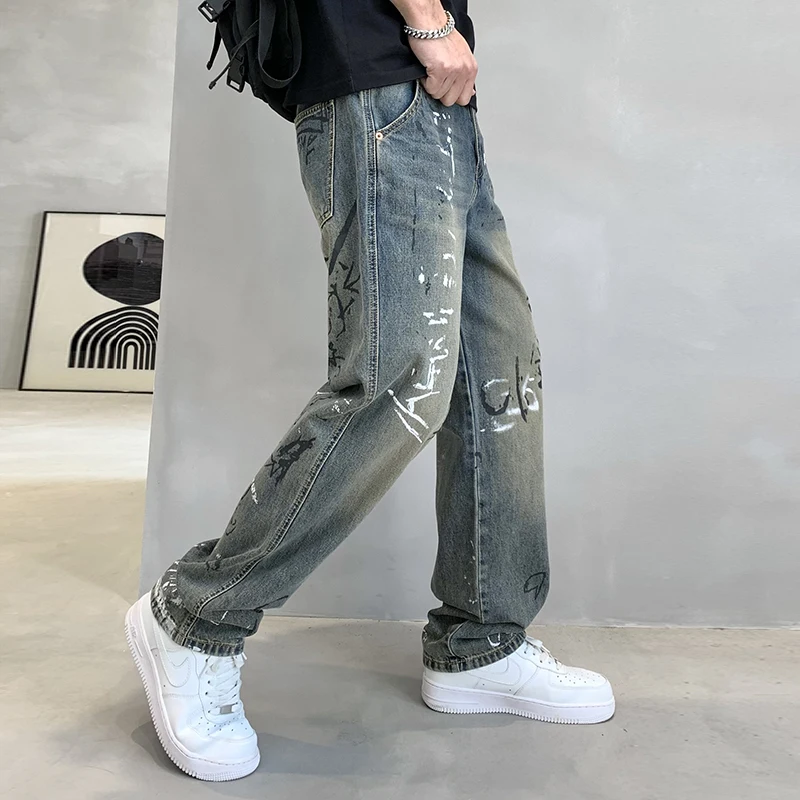 High Street New Trendy Brand Washed Old Personalized Graffiti Print Fashion Loose Straight Leg Men's Denim Wide Leg Pants