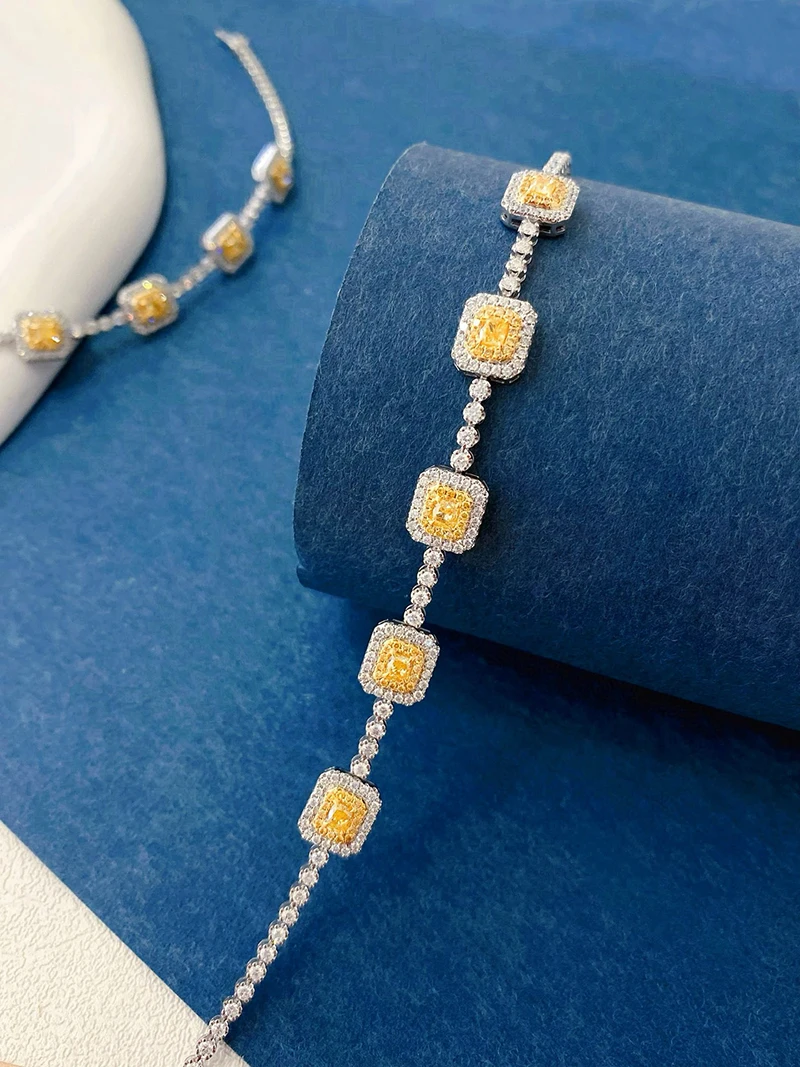 LUOWEND 100% 18K White Gold Bracelet Luxury Fashion Design Real Natural Yellow Diamond Bracelet for Women High Party Jewelry