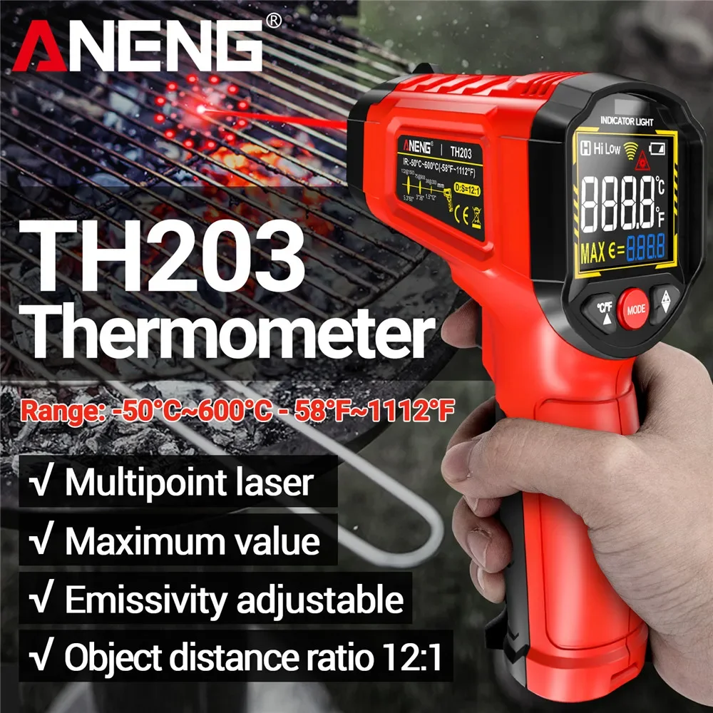ANENG TH203 Smart Industrial Infrared Thermometer -50~600℃ Temperature Gun VA Reverse Color Screen Tester Meter Pyrometer Tools