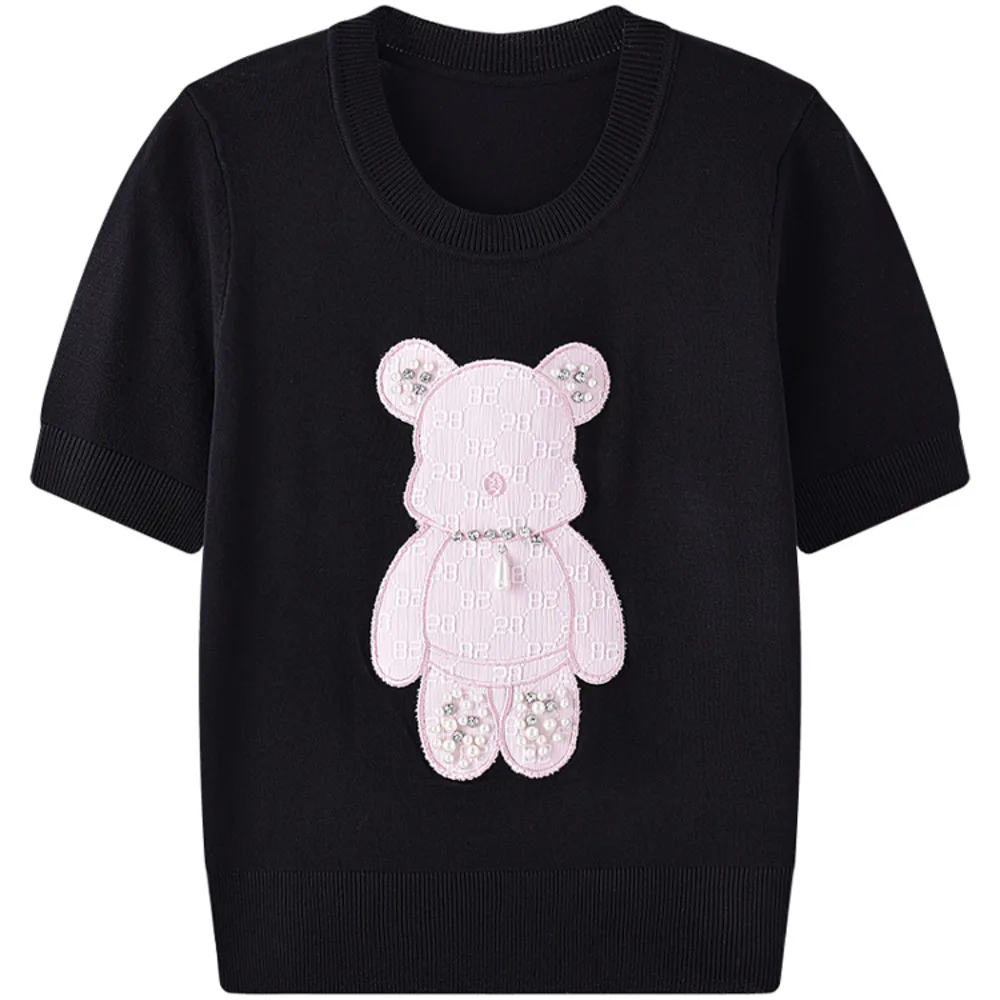 2024 Summer New Cartoon Bear Bead Design Knitting Jumper Short Sleeve Women\'s Casual Knitwear Brand Fashion Ladies Sweater