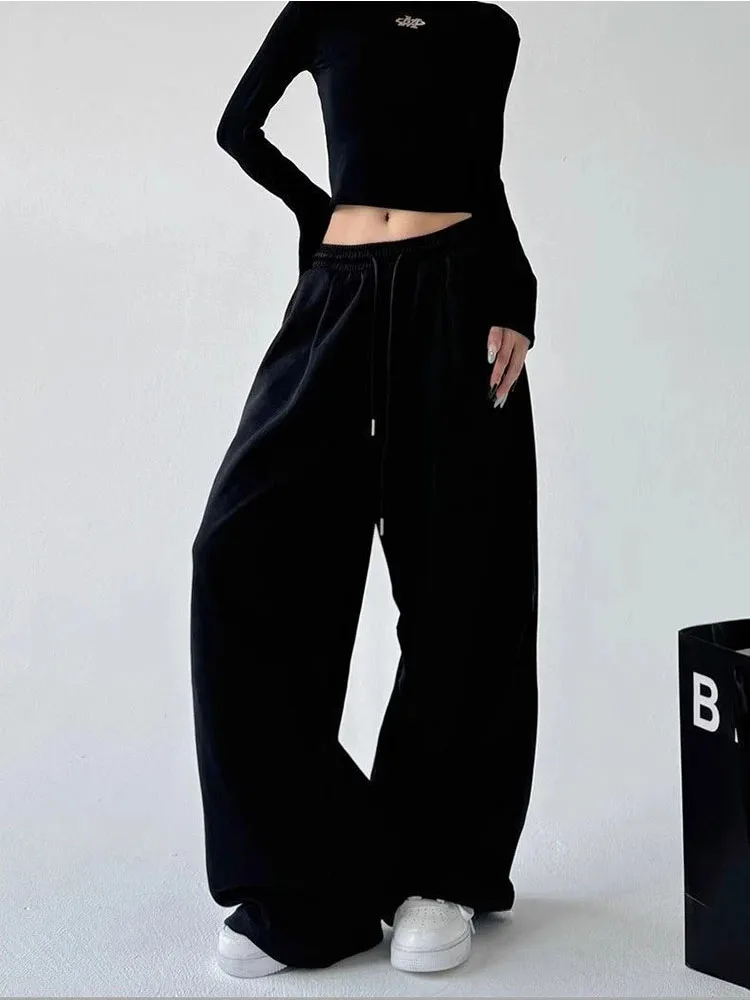 Y2K Harajuku Weite Jogginghose für Damen, Streetwear Baggy Oversize Graue Sporthose mit Hoher Taille und Kordelzug, Lässige Jogger-Hose – Detail 8