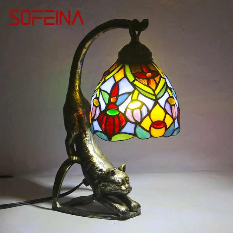 

SOFEINA Tiffany Glass Table Lamp LED Vintage Creative Novelty Cat Desk Light Decor for Home Living Room Bedroom Bedside