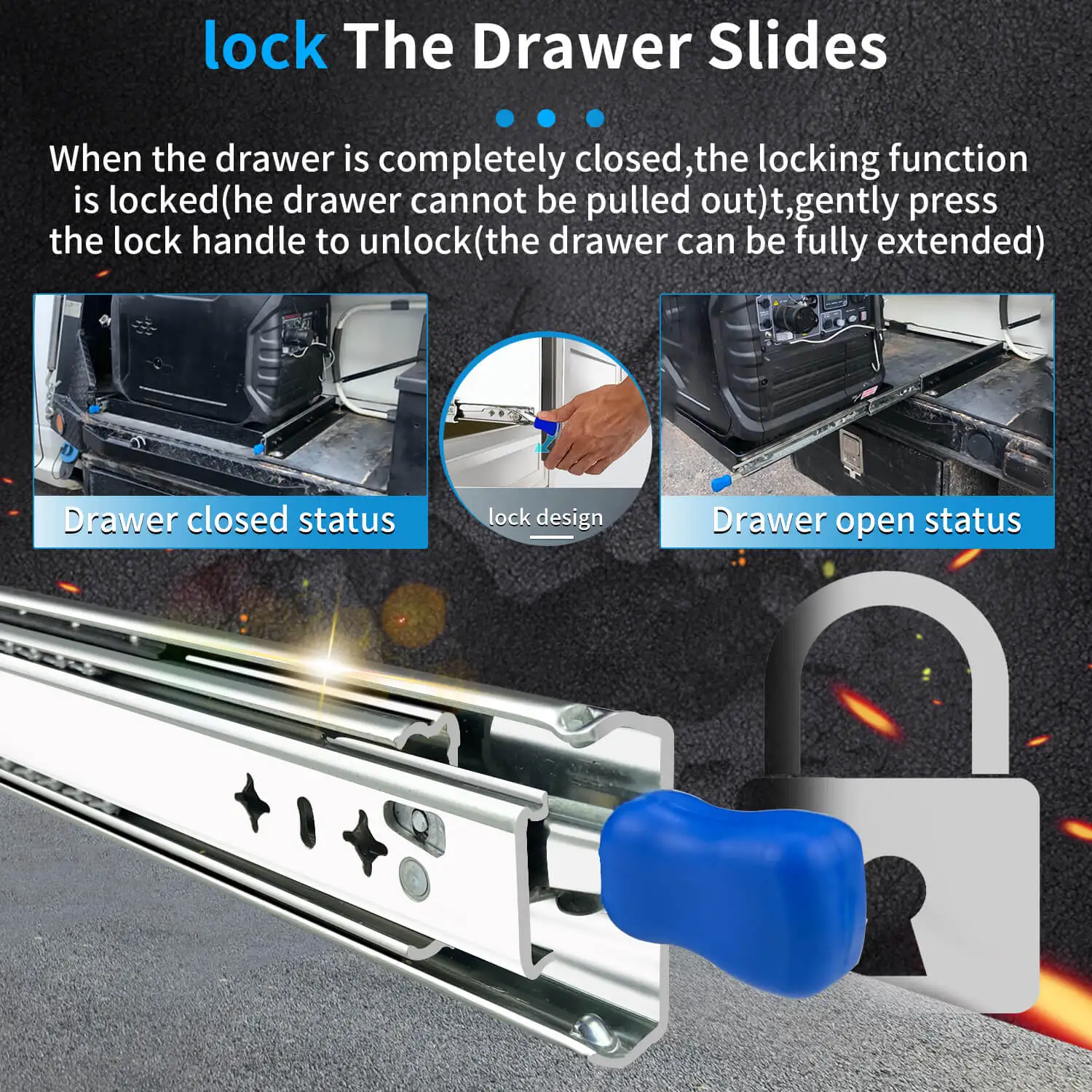 CXHIIA Heavy Duty Drawer Slides  with Lock 220 LB Bearing Capacity Full Extension 3 Section Industrial Locking