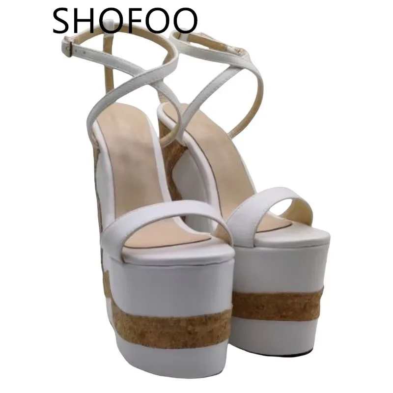 

DIZHUANG Sexy women's high heels. White (orange) PU leather sandals About 20cm heel height Wedges platform sandals.SIZ: 34-46: