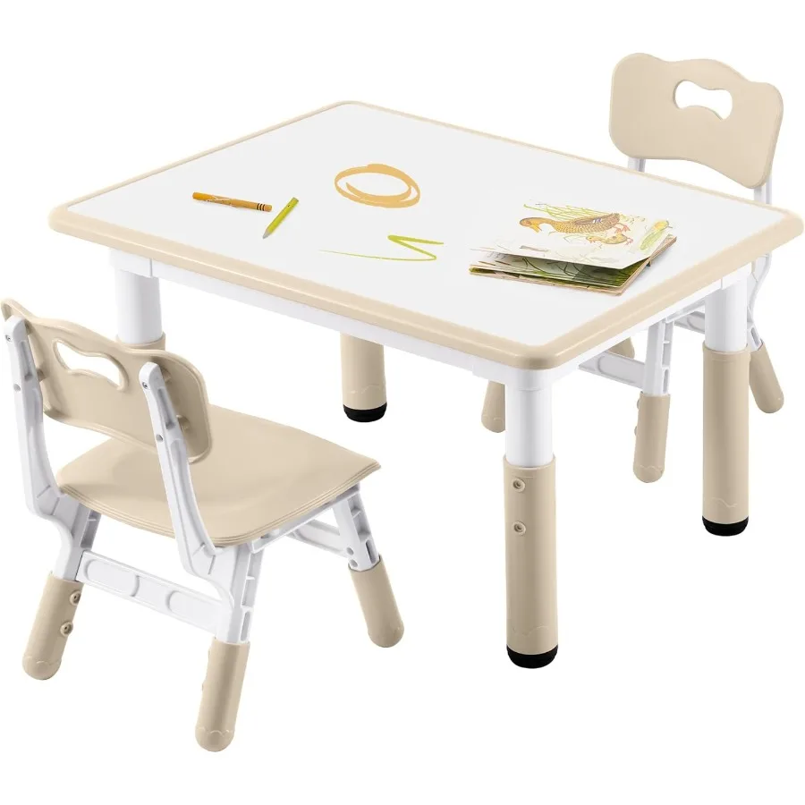 Height Adjustable Study Table and Chairs Set for Ages 38 31.5 L x 23.6 W Graffiti Desktop Plastic Art Table with 2 Sturdy Seats