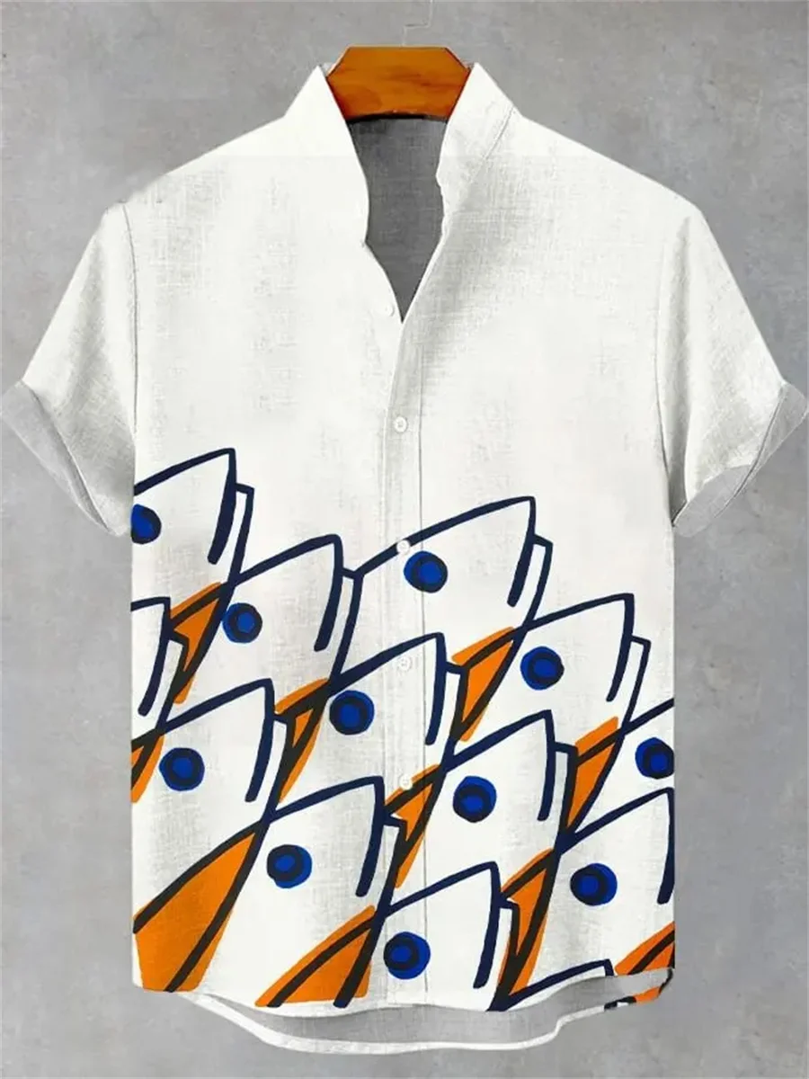 2025 Men's Summer Casual Artistic Fish Pattern Printed Linen Short Sleeve Shirt, Comfortable and Fashionable Button Men's Tops