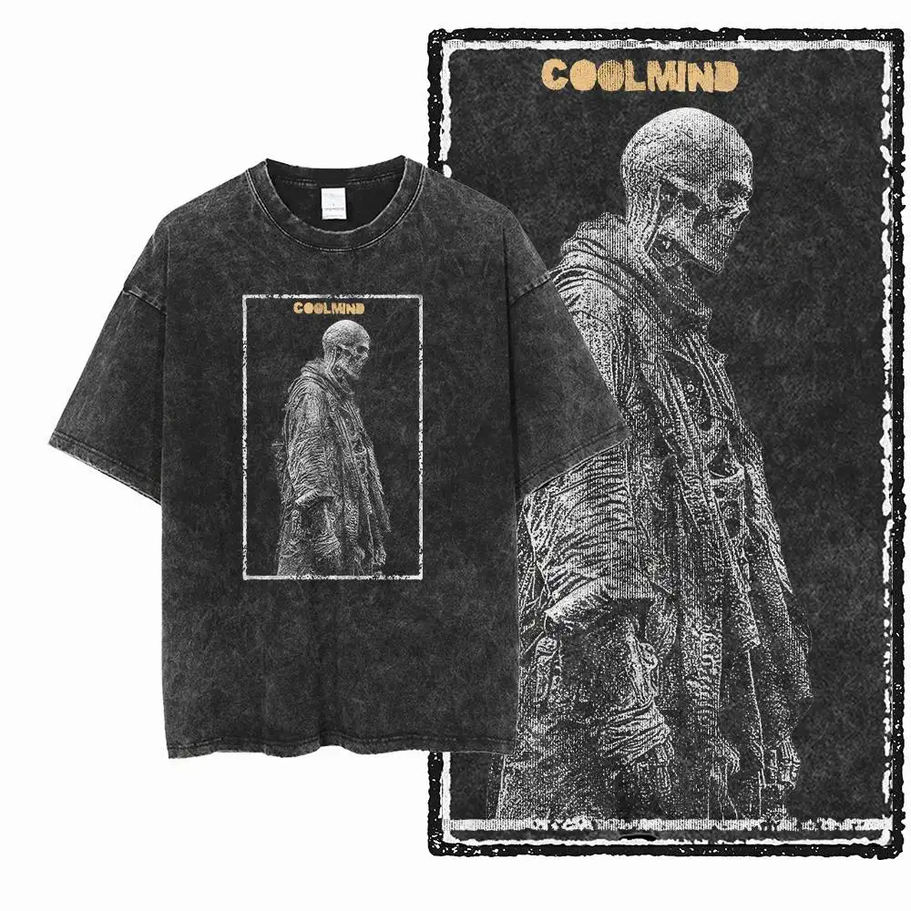 Chemise à motif imprimé COOLMIND pour hommes et femmes, grande taille, en coton frais, délavé à l'acide, vêtements de rue, col rond, T-shirt pour hommes et femmes