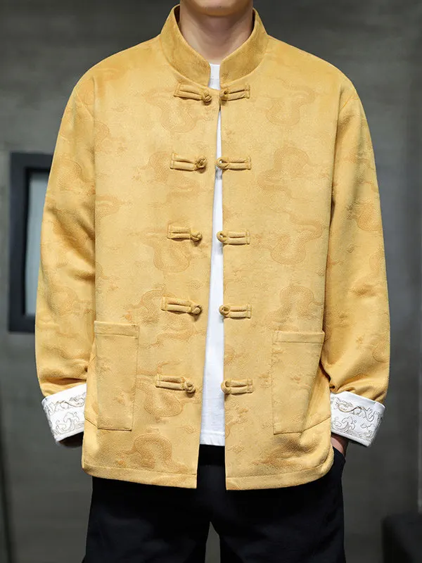 

Young Men's Traditional Chinese Hanfu Jaet with Button Design Busin Casual Sle Four Season Universal Stand Size