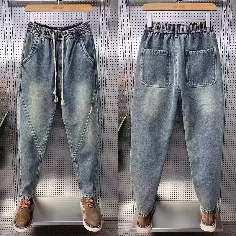 

American Style Jeans Men Spring Autumn Brand Loose Cropped Elastic Waist Harem Casual Tapered Pants Trendy