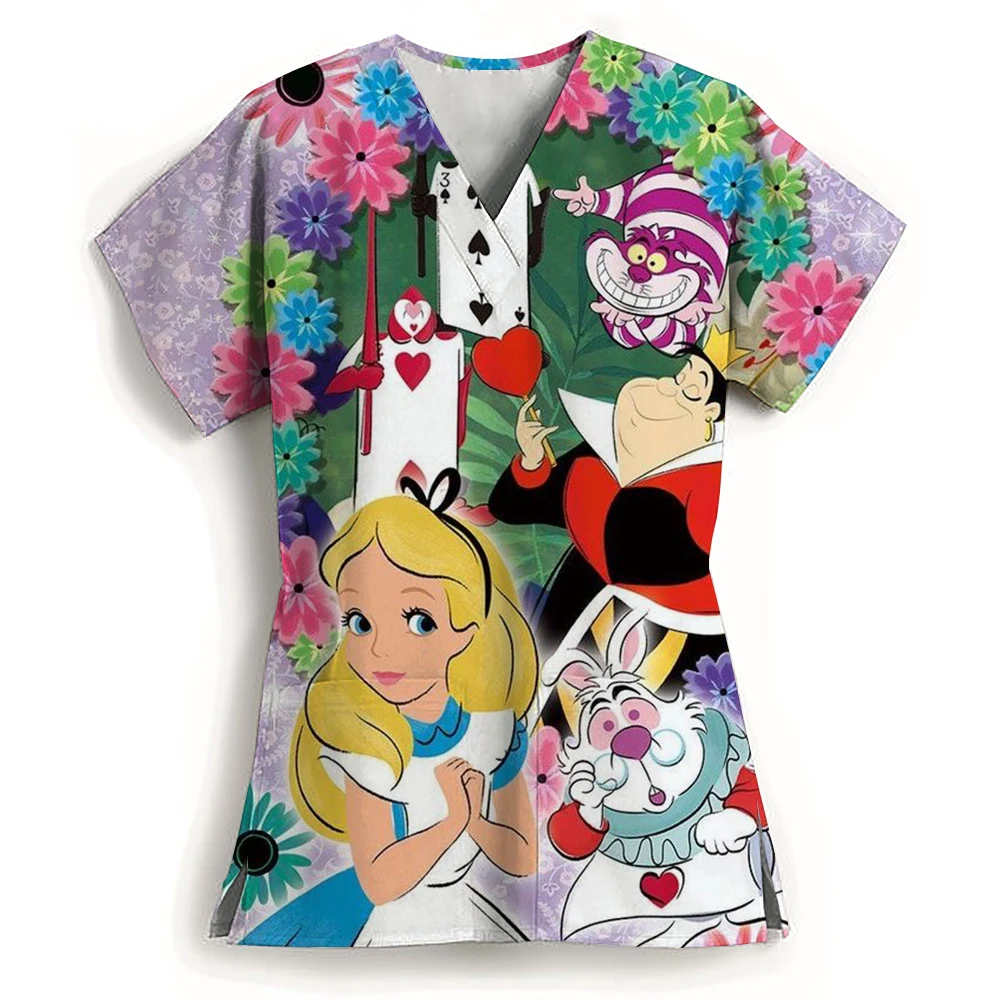 Disney Princess Summer Nurse Uniform Matte Top Women's Printed Nurse Uniform Short sleeved V-neck Top Work Shirt