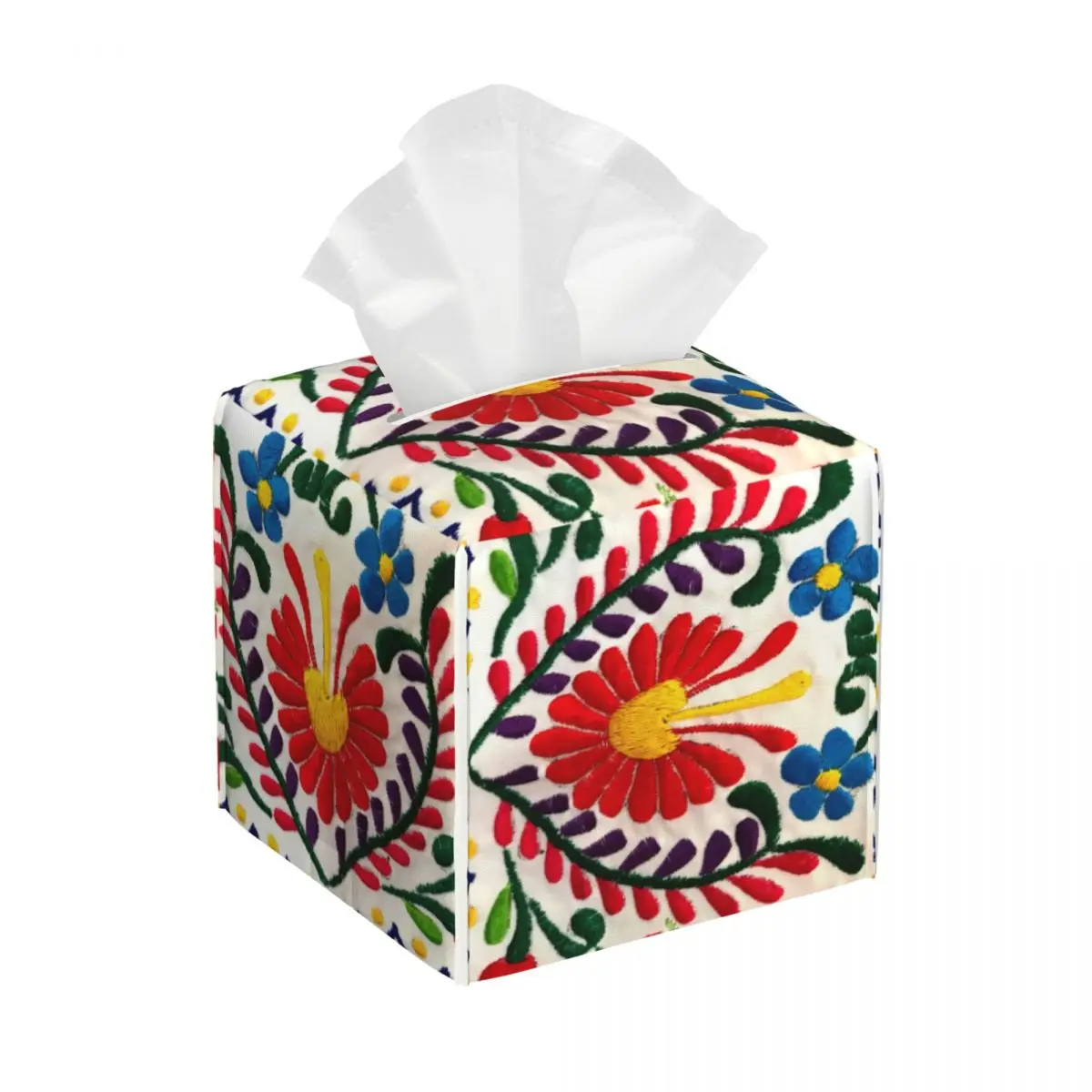 Custom Mexican Flowers Art Facial Tissue Box Cover Square Textile Embroidery PU Leather Tissue Box Holder for Car Home