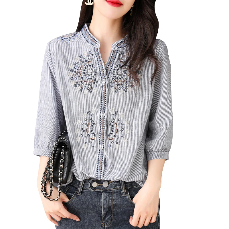 Vintage Women\'s Shirts Summer 2023 New Embroidery Chinese Style Blouses Loose Short Sleeve Cotton Linen Top Clothing