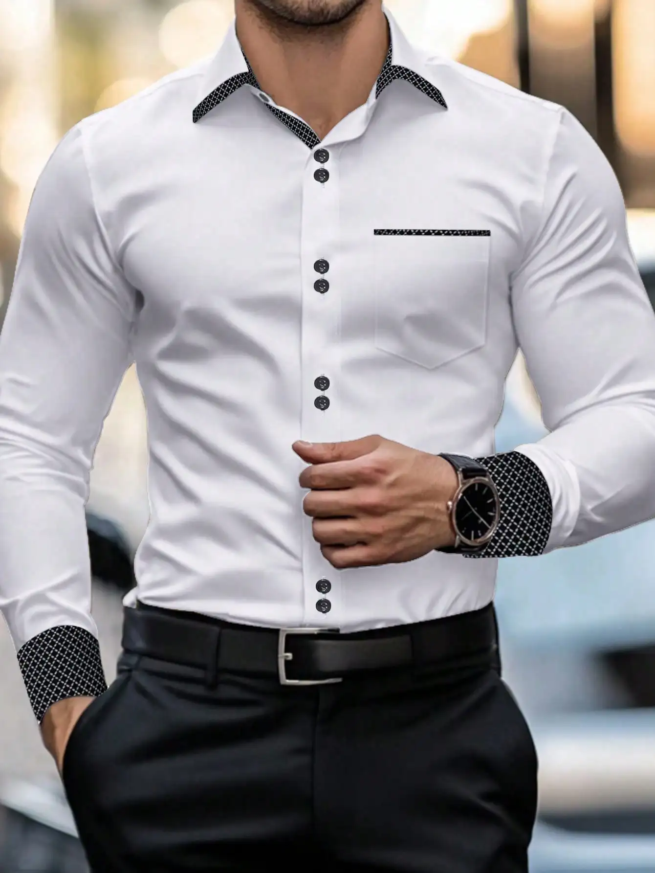 

Men's White Long Sleeve Button-Down Shirt with Contrast Collar Cuffs Pocket