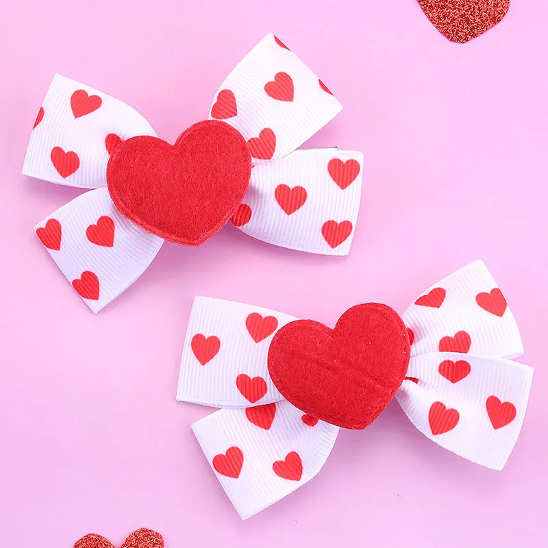 2pcs Shinning Love Hearts Hairpins For Baby Girls Ribbon Print Valentines Day Bows Hair Clips Kids Hairgripes Hair Styling Tools