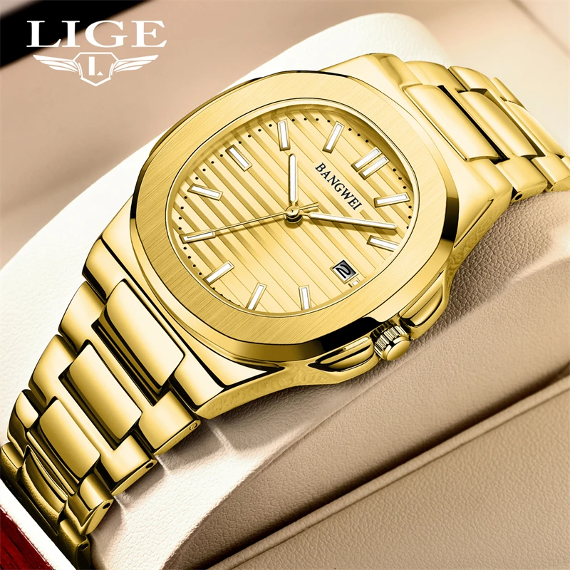 LIGE Stainless Steel Fashion Date Watch Gold Men\'s Watches Luxury Waterproof Business Quartz Movement Wristwatches For Men Clock